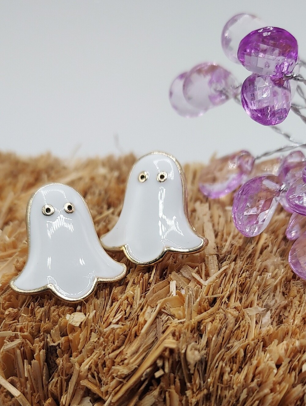 White Ghost Enamel Stud Earrings NWT